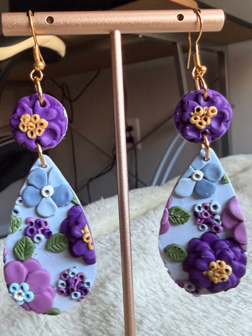 Handcrafted Floral Teardrop Earrings in Purple and Lavender